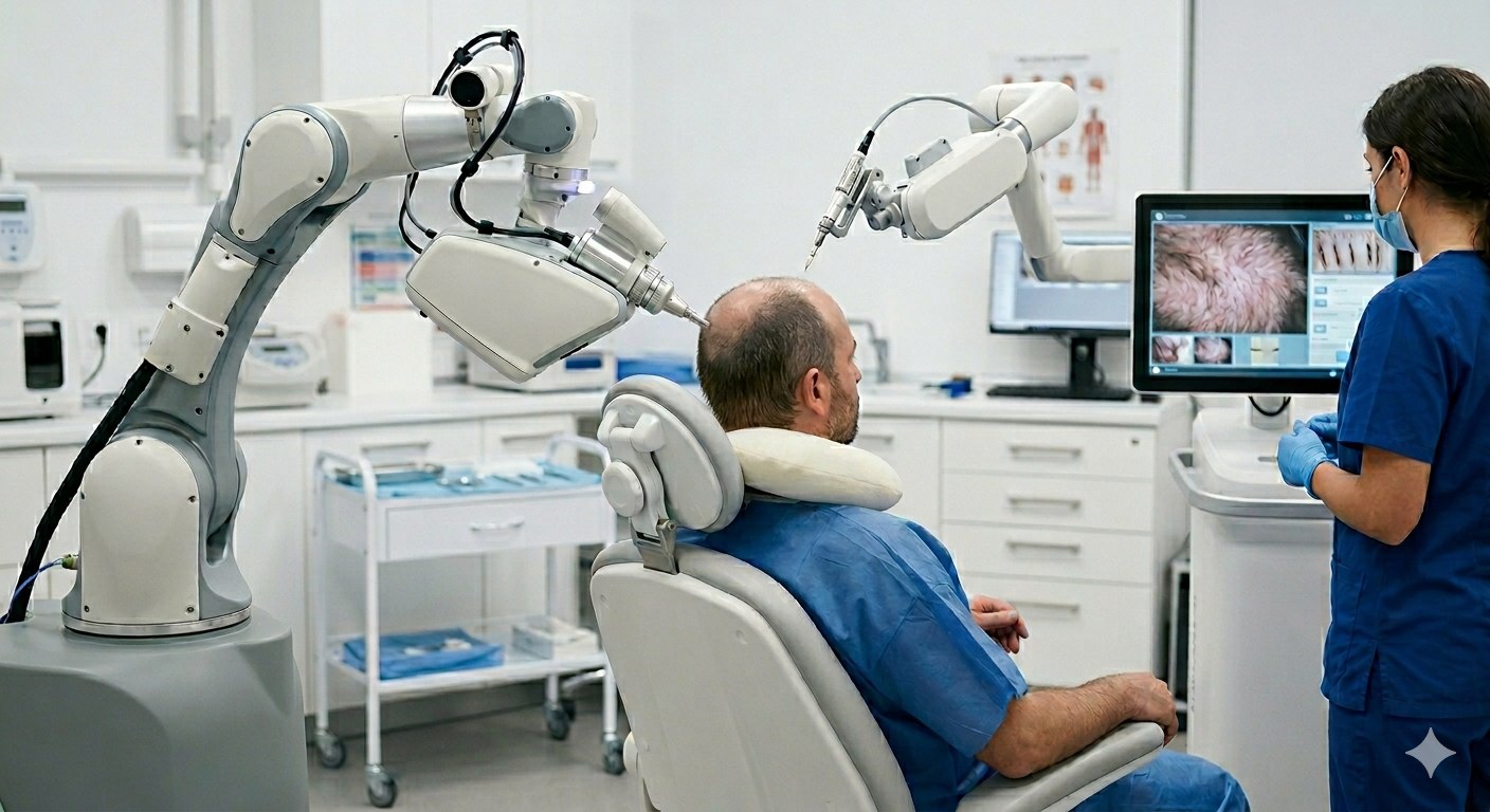 Samson Robotics dual-arm robot performing a hair transplant procedure on a patient, supervised by a nurse